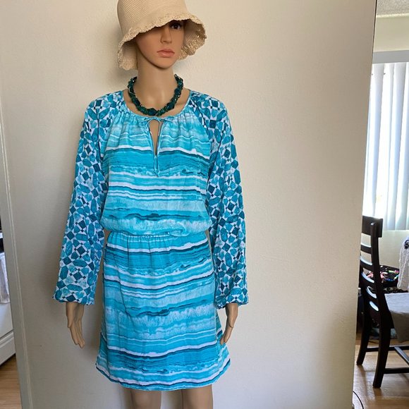 MICHAEL KORS Women's Turquoise Geometric Long-sleeve Dress - Size: 4 - Picture 1 of 6